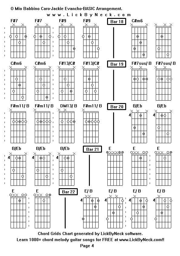 Chord Grids Chart of chord melody fingerstyle guitar song-O Mio Babbino Caro-Jackie Evancho-BASIC Arrangement,generated by LickByNeck software.